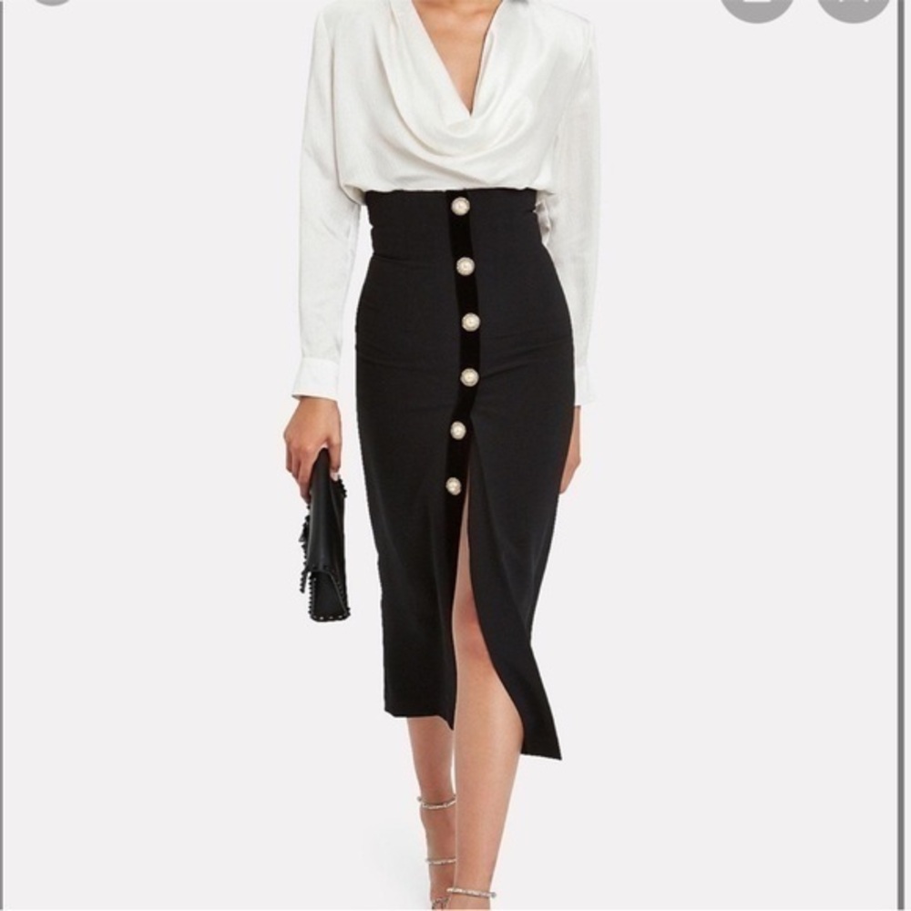 Ronny Kobo Skirt Alexis Midi Pencil Velvet-Trimmed Button Down in Black